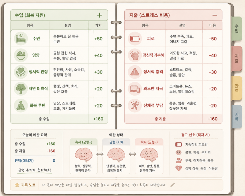 뇌는 신체 예산 관리하는 회계사: 피로의 뇌과학적 원리 1 뇌의 신체 예산 관리 및 알로스타시스 원리를 설명하는 이미지