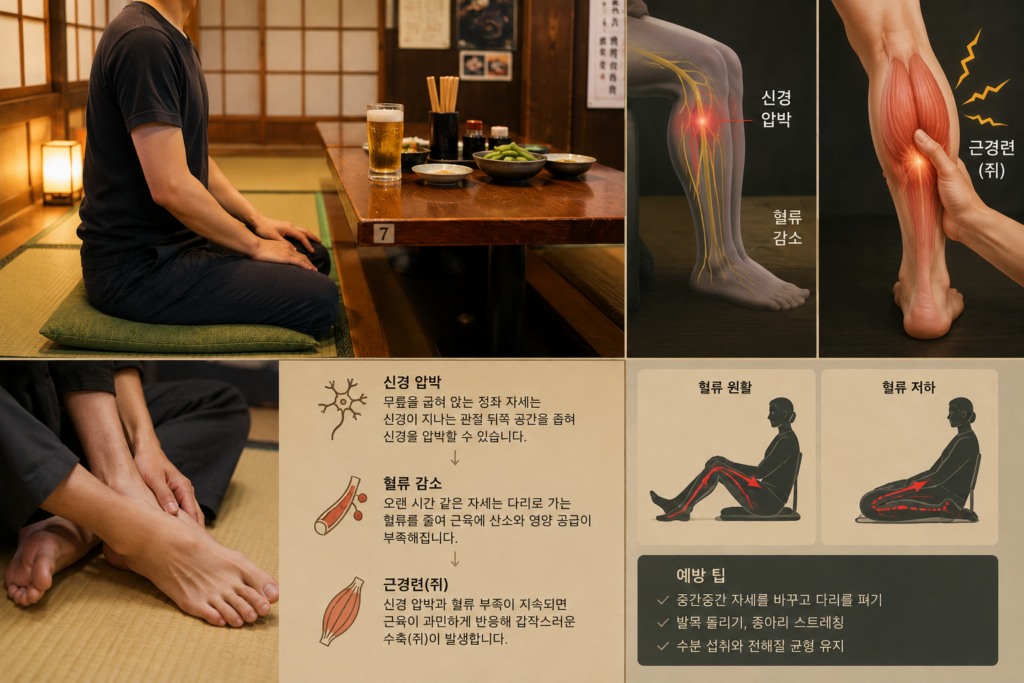 일본 좌식 문화 다다미 정좌 자세 시 다리 저림과 근경련 신경 압박 원리 인포그래픽