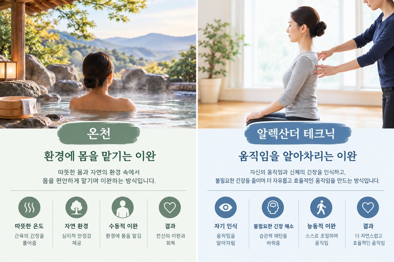 온천과 알렉산더 테크닉의 이완 방식을 비교한 인포그래픽