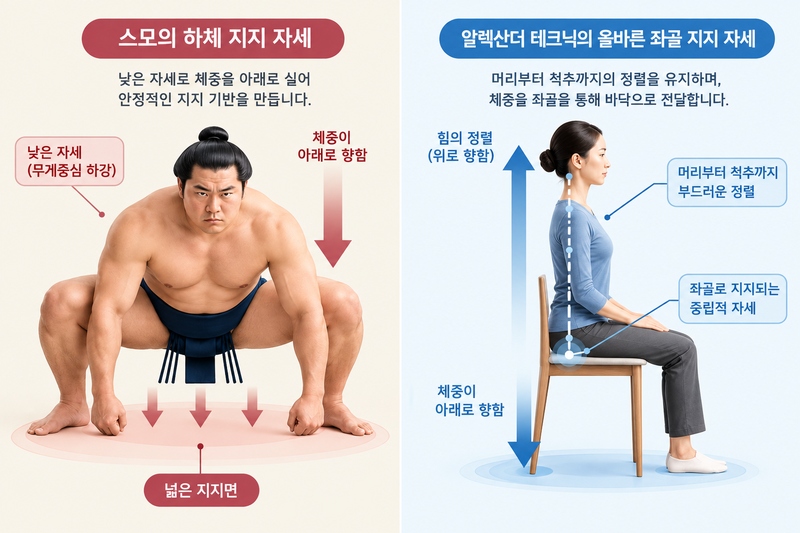 스모 선수의 하체 지지 자세와 알렉산더 테크닉의 올바른 좌골 지지 자세 비교 일러스트