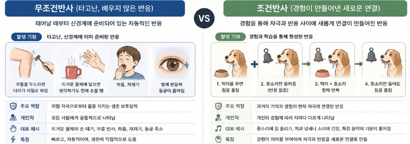 무조건반사와 조건반사의 차이를 비교한 인포그래픽