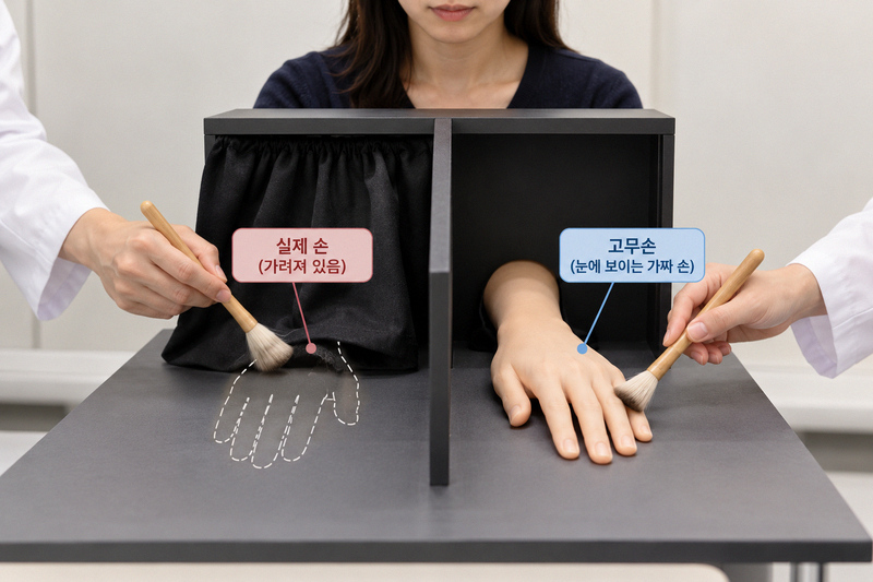 실제 손과 고무손을 동시에 붓으로 자극하는 고무손 착각 실험